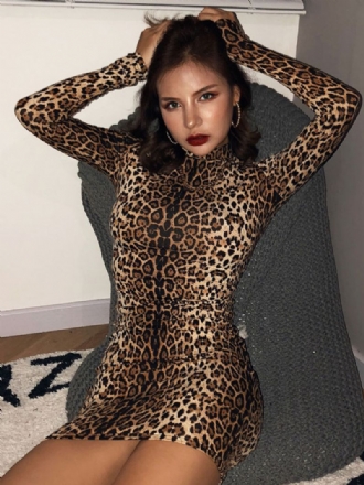 Kvinders Sexede Bodycon-kjoler Leopardprint Med Høj Krave Langærmet Minikjole