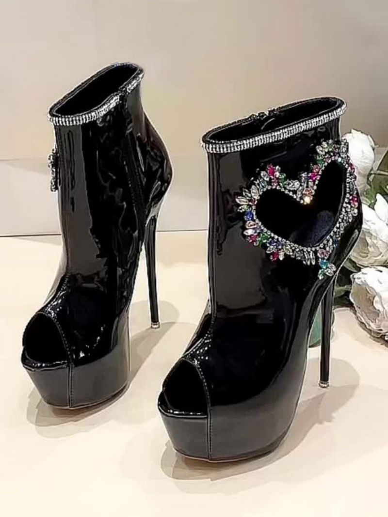 Kvinders Sexede Højhælede Støvler Peep Toe Rhinestones Stilethæl Street Wear Sorte Lårhøje Over Knæet - Sort