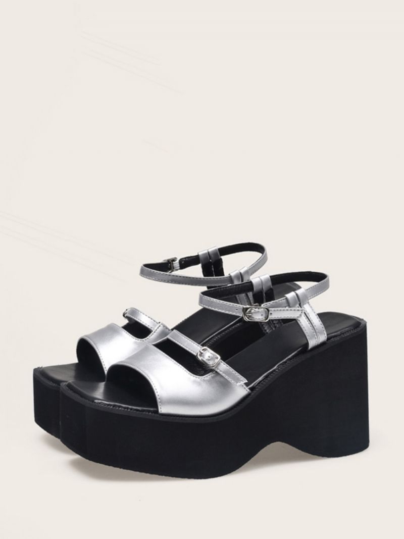 Kvinders Silver Wedge Sandaler Metallisk Platform Spænde To Tone Sandal Sko