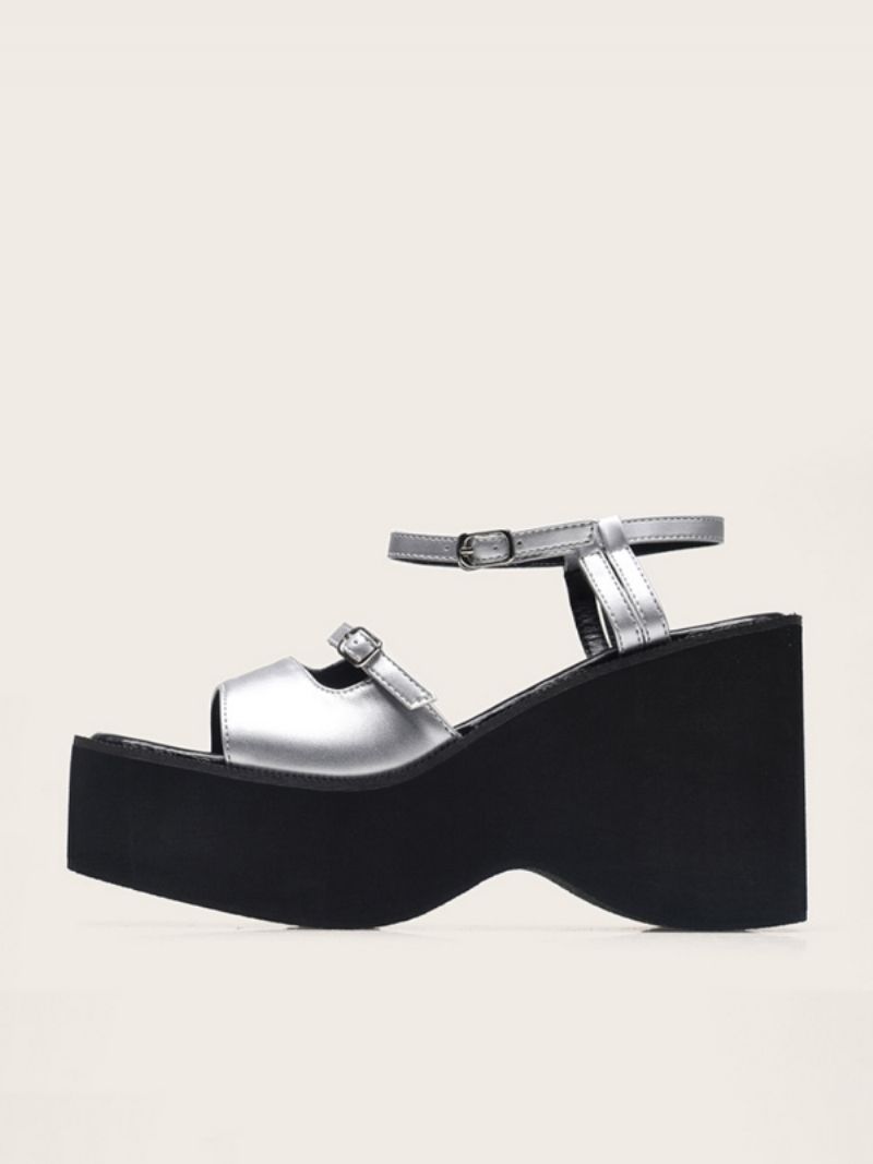 Kvinders Silver Wedge Sandaler Metallisk Platform Spænde To Tone Sandal Sko - Sølv