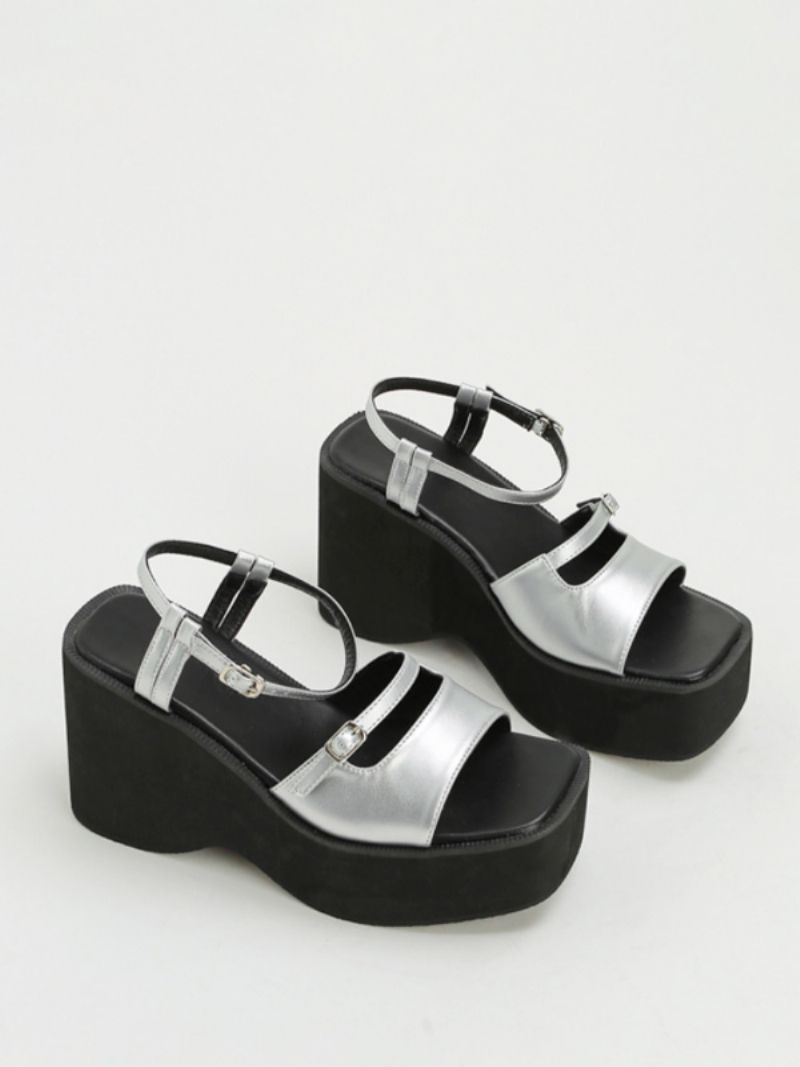 Kvinders Silver Wedge Sandaler Metallisk Platform Spænde To Tone Sandal Sko - Sølv