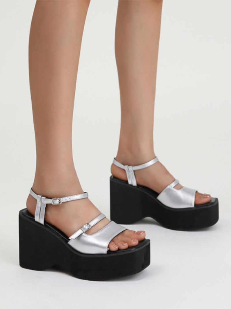 Kvinders Silver Wedge Sandaler Metallisk Platform Spænde To Tone Sandal Sko - Sølv