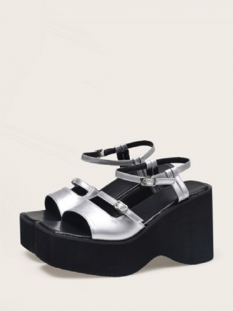 Kvinders Silver Wedge Sandaler Metallisk Platform Spænde To Tone Sandal Sko