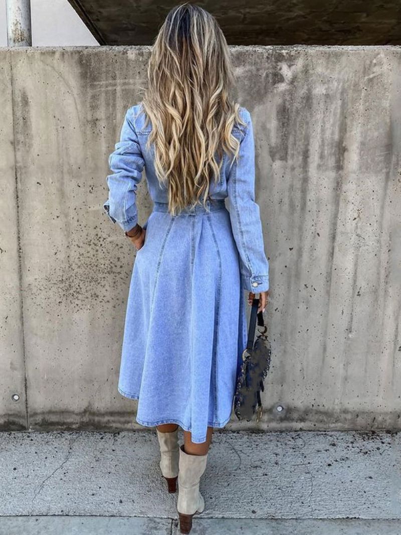 Kvinders Skaterkjoler Turndown-krave Langærmede Knapper Oversized Casual Maxi Fit And Flare Kjole - Blå