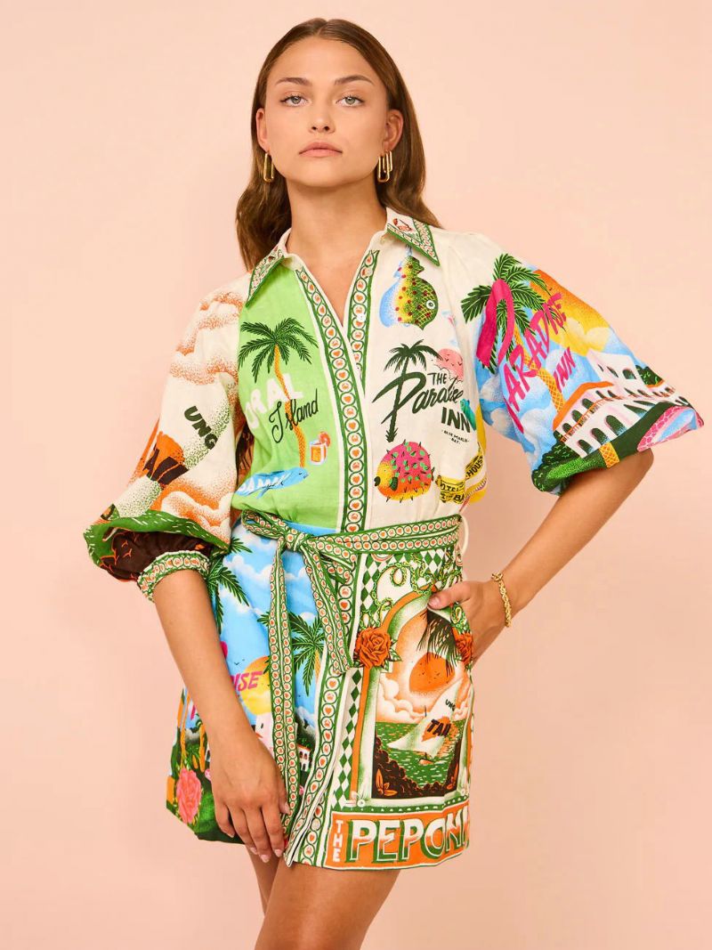 Kvinders Skjortekjole Tropical Plants Printed Belted Resort Casual Short Dresses