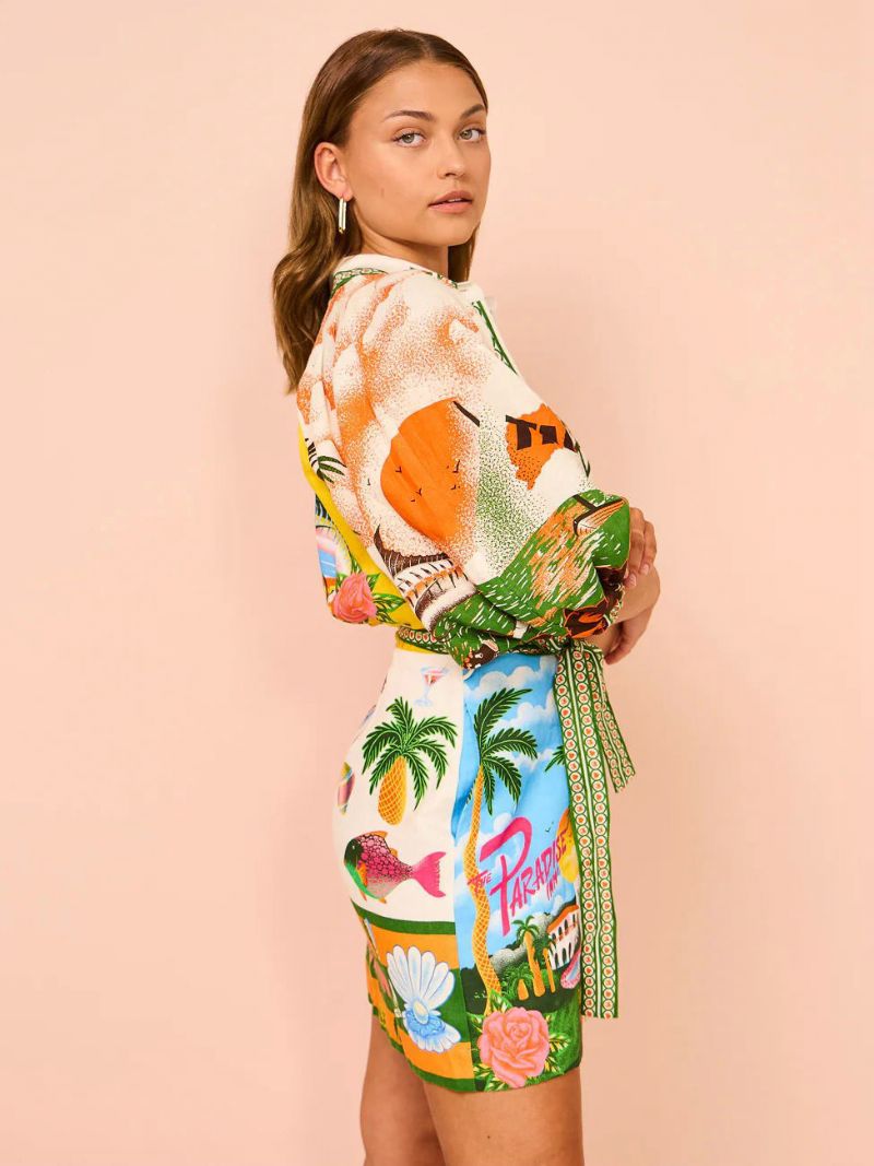 Kvinders Skjortekjole Tropical Plants Printed Belted Resort Casual Short Dresses - Grøn