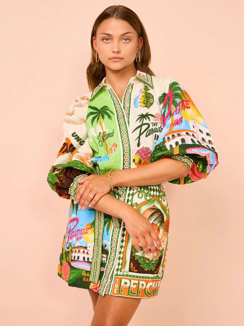 Kvinders Skjortekjole Tropical Plants Printed Belted Resort Casual Short Dresses - Grøn