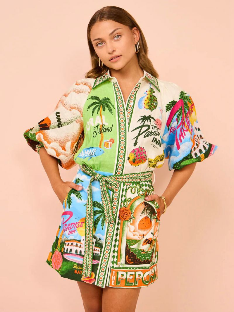 Kvinders Skjortekjole Tropical Plants Printed Belted Resort Casual Short Dresses - Grøn