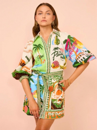 Kvinders Skjortekjole Tropical Plants Printed Belted Resort Casual Short Dresses