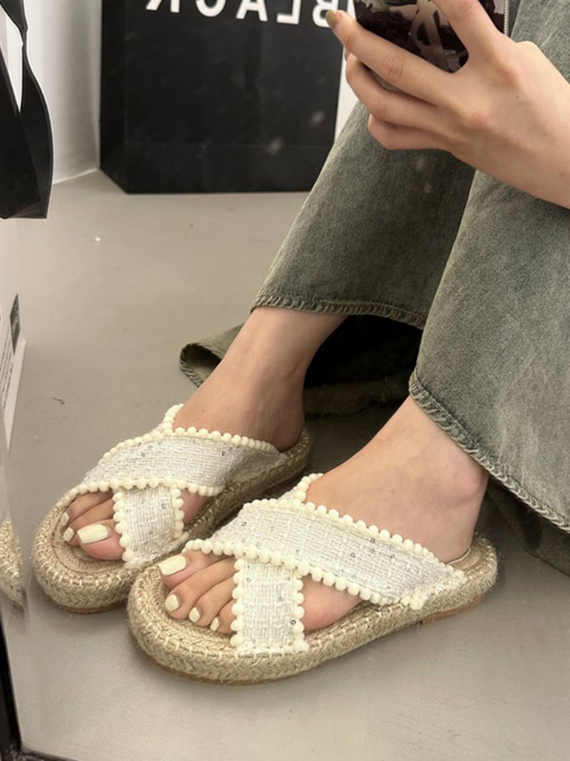 Kvinders Slide Sandaler Bohemian Tekstil Vævet Åben Tå Flade Tøfler - Beige