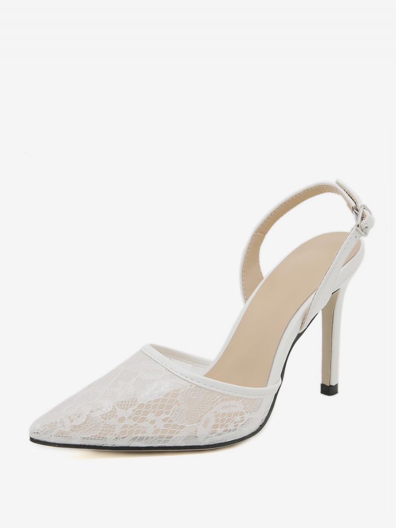 Kvinders Slingback Hæle Knapper Blonde Stilethæl Sort Pumps - Hvid