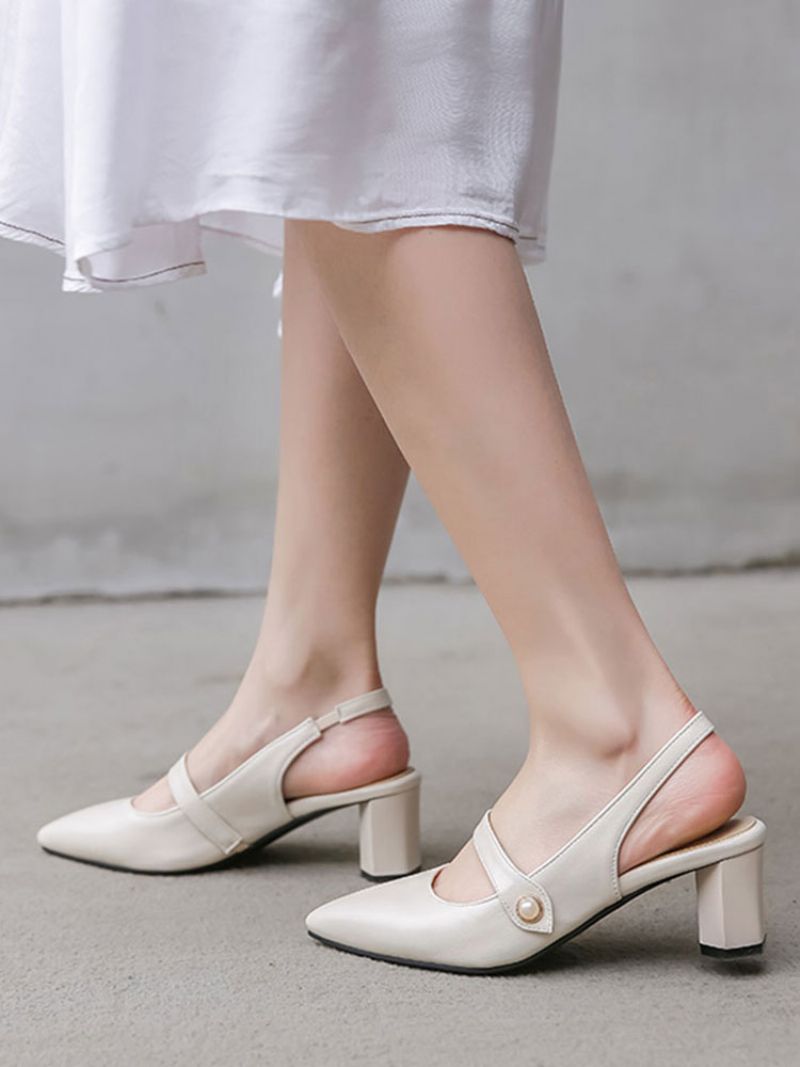 Kvinders Slingback Hæle Spidse Tå Mary Jane Chunky Heel Pumps Vintage Sko - Beige