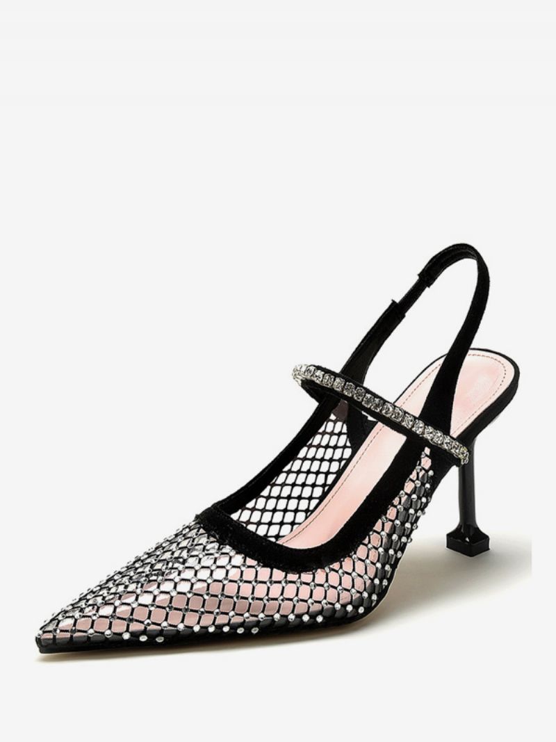 Kvinders Slingback Heels Mesh Sort Rhinstones Stiletto Heel Pumps Festsko