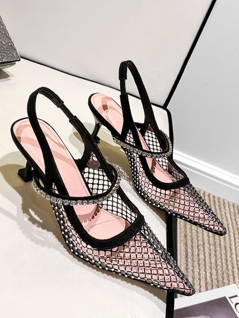 Kvinders Slingback Heels Mesh Sort Rhinstones Stiletto Heel Pumps Festsko - Sort