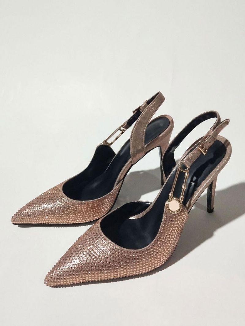 Kvinders Slingback Pumps Pointed Toe Rhinestones Chain Detail Højhælede Festsko - Guld