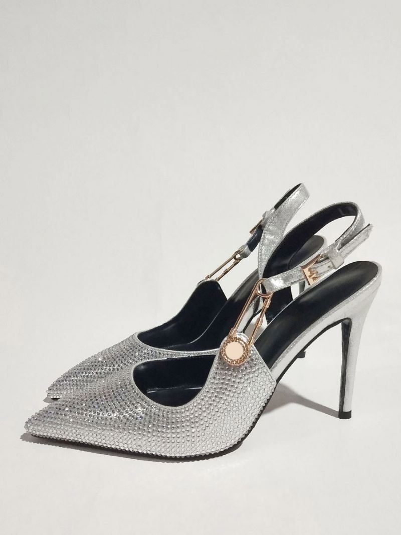 Kvinders Slingback Pumps Pointed Toe Rhinestones Chain Detail Højhælede Festsko - Sølv