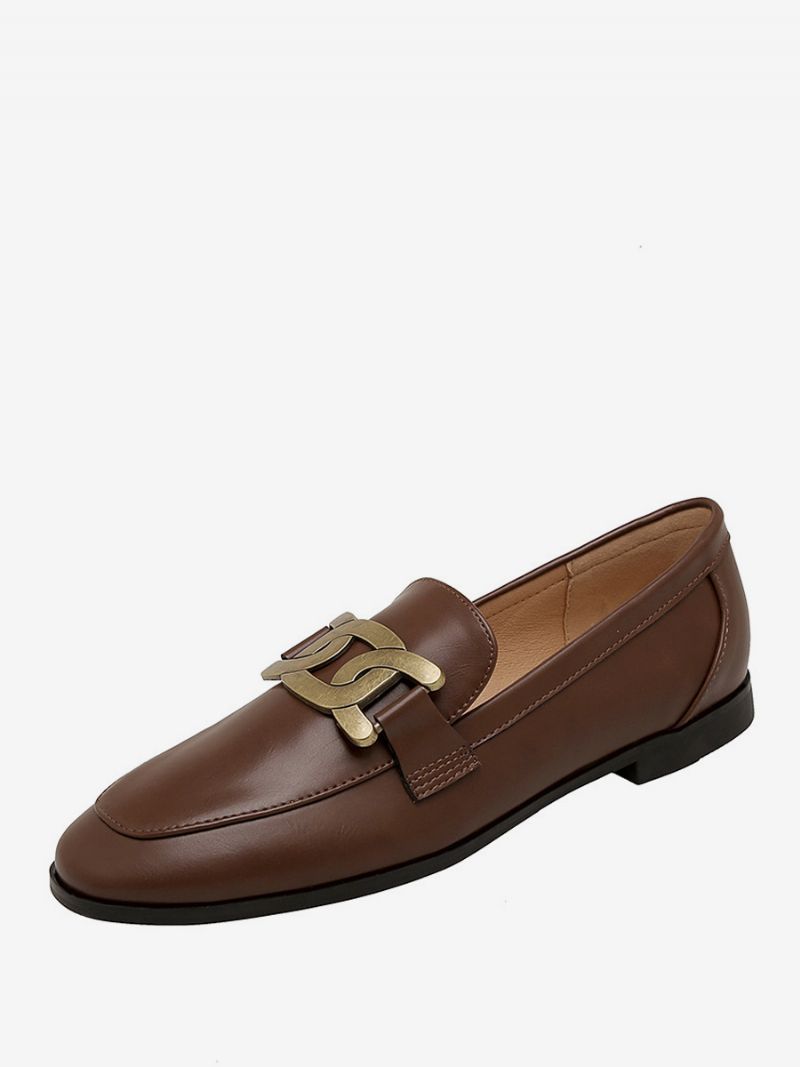 Kvinders Slip On Loafers Hvide Runde Flade Sko - Kaffe Brun