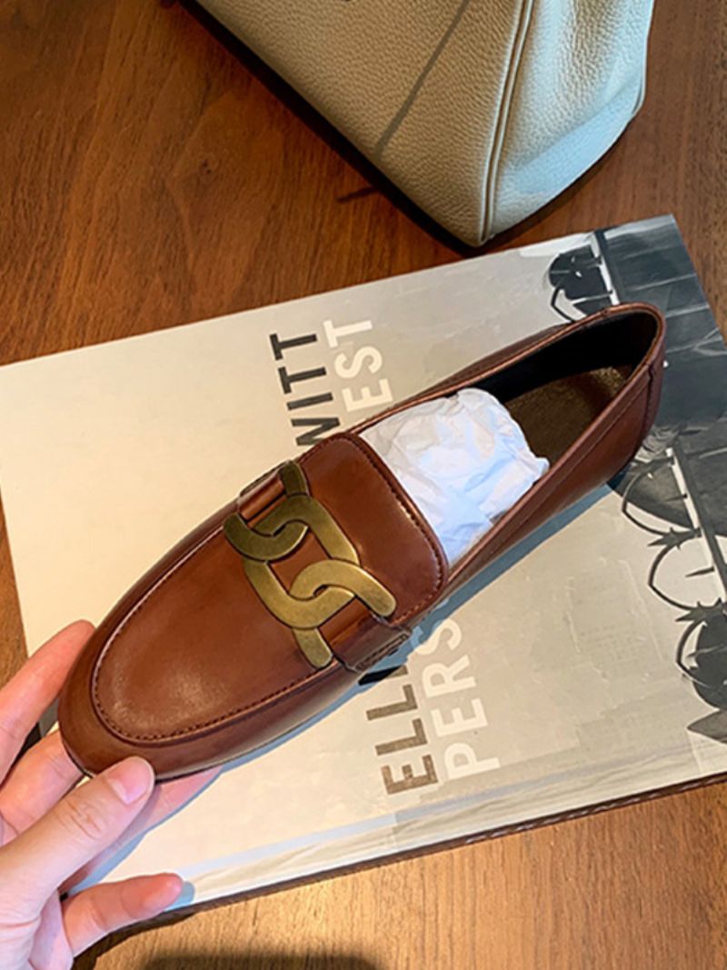 Kvinders Slip On Loafers Hvide Runde Flade Sko - Kaffe Brun