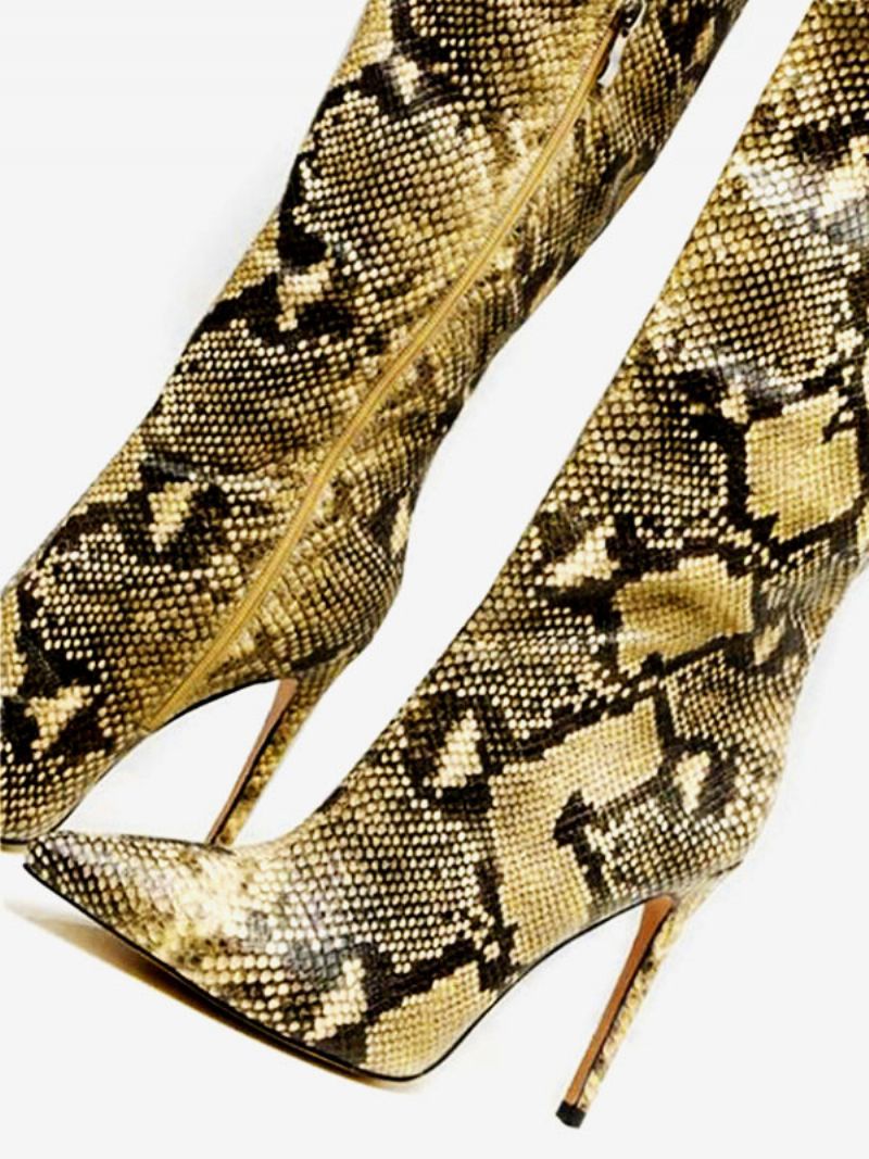 Kvinders Snakeskin Stiletto Hæl Lårhøje Støvler - Lysegrå