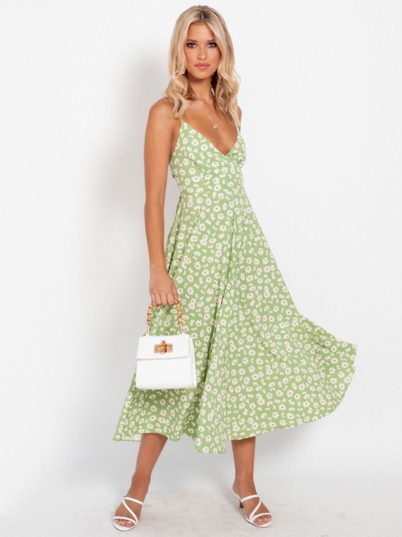 Kvinders Solsikke Sommerkjoler Ditsy Blomsterprint Beach Swing Dress - Græsgrøn