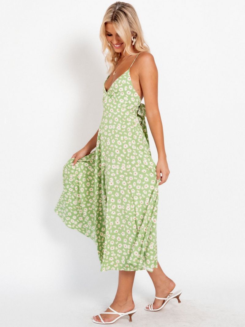 Kvinders Solsikke Sommerkjoler Ditsy Blomsterprint Beach Swing Dress - Græsgrøn