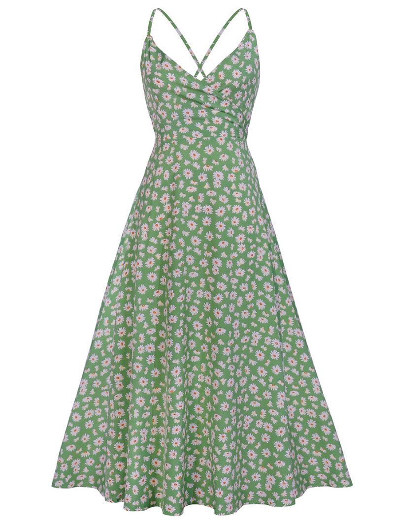 Kvinders Solsikke Sommerkjoler Ditsy Blomsterprint Beach Swing Dress - Græsgrøn