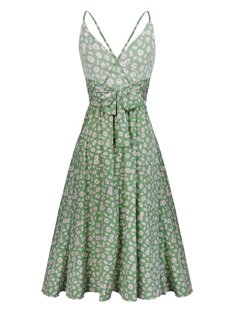 Kvinders Solsikke Sommerkjoler Ditsy Blomsterprint Beach Swing Dress - Græsgrøn