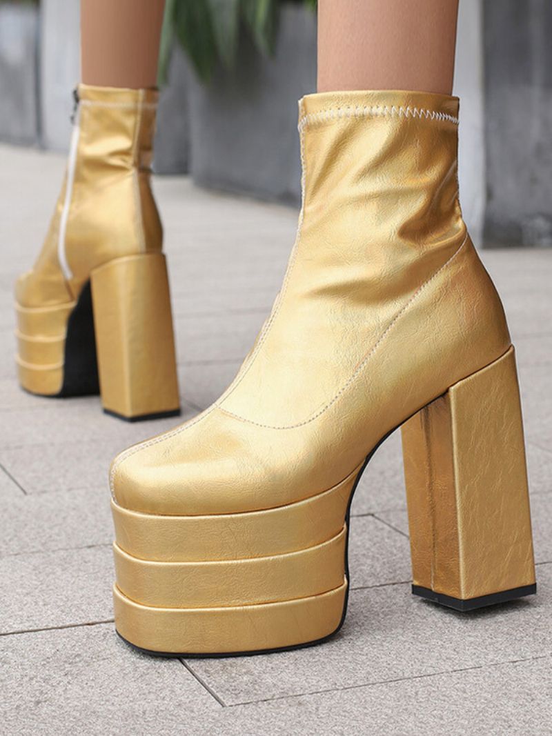 Kvinders Sølv Ankelstøvler Platform Rund Toe Chunky Heel Club Booties - Guld