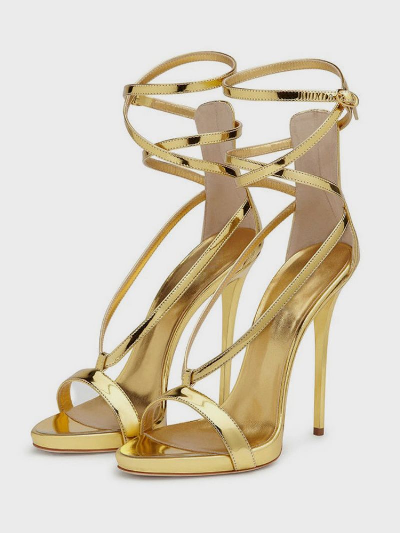 Kvinders Sølv Højhælede Sandaler Metallic Criss Cross Ankelrem Prom Party Sko - Guld