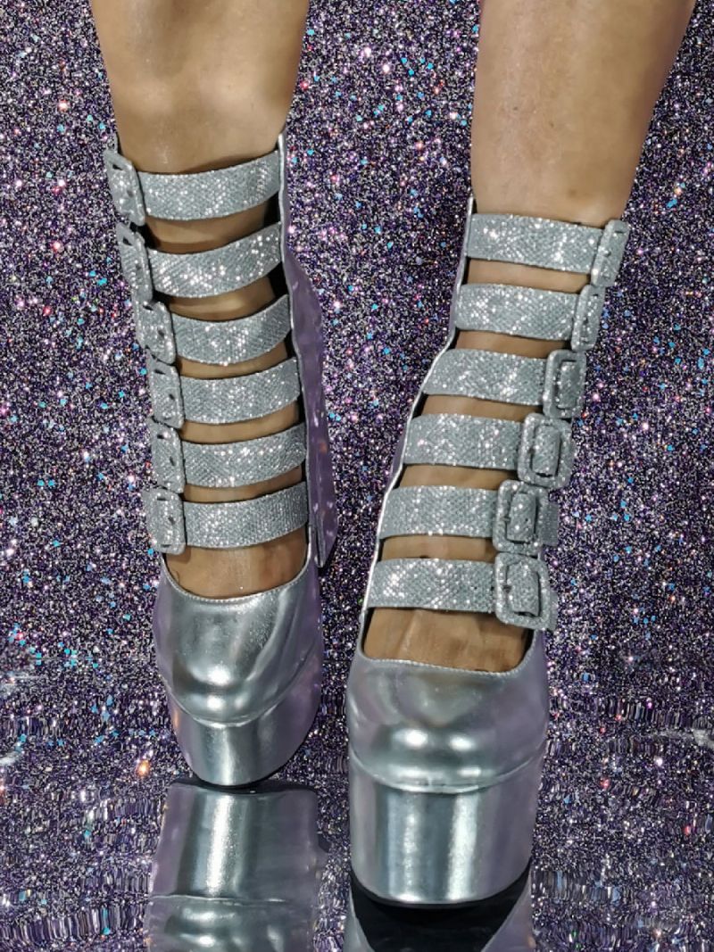 Kvinders Sølv Sexede Højhælede Metallic Platform Spænde Detail Sandal Støvler - Sølv