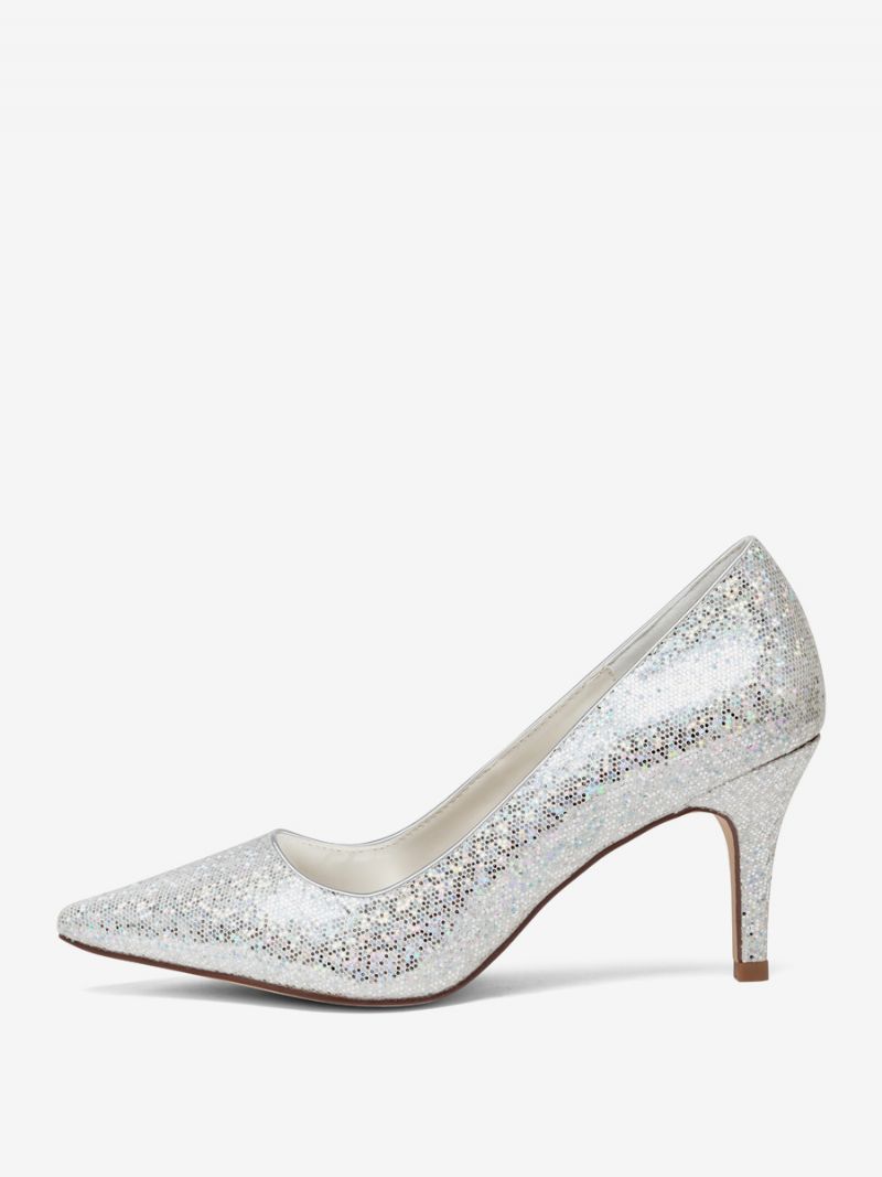 Kvinders Sølvbryllupssko Glitter Pointed Toe Kitten Hæl Brude Pumps - Sølv