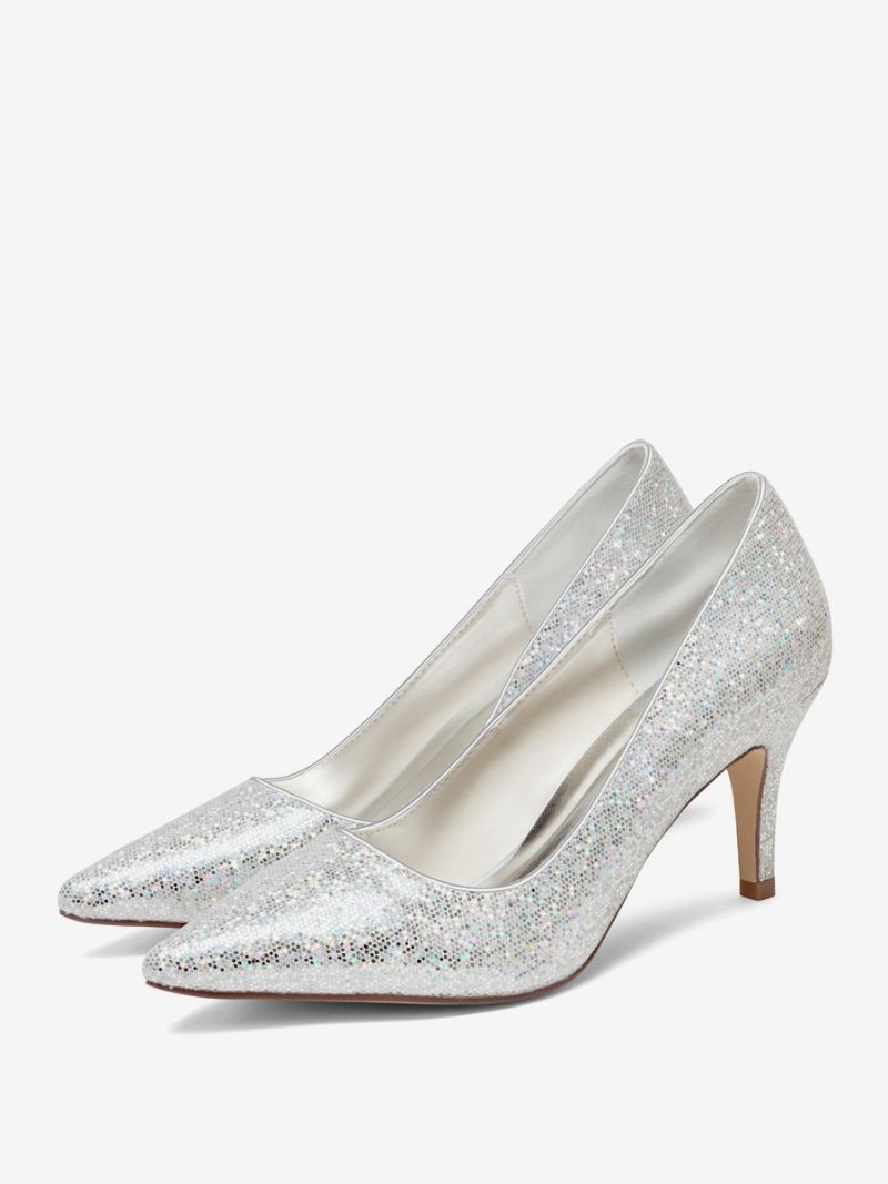 Kvinders Sølvbryllupssko Glitter Pointed Toe Kitten Hæl Brude Pumps - Sølv