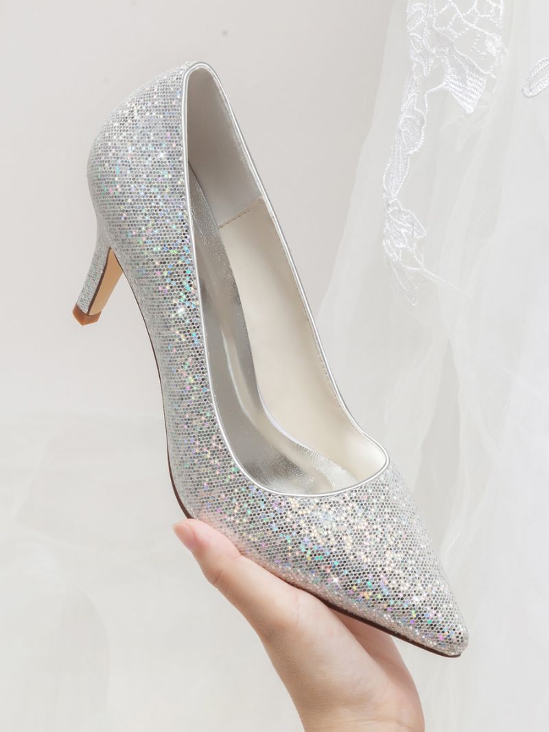 Kvinders Sølvbryllupssko Glitter Pointed Toe Kitten Hæl Brude Pumps - Sølv