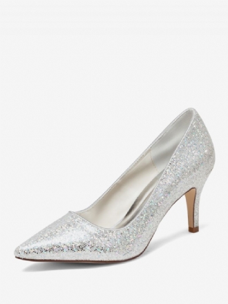 Kvinders Sølvbryllupssko Glitter Pointed Toe Kitten Hæl Brude Pumps