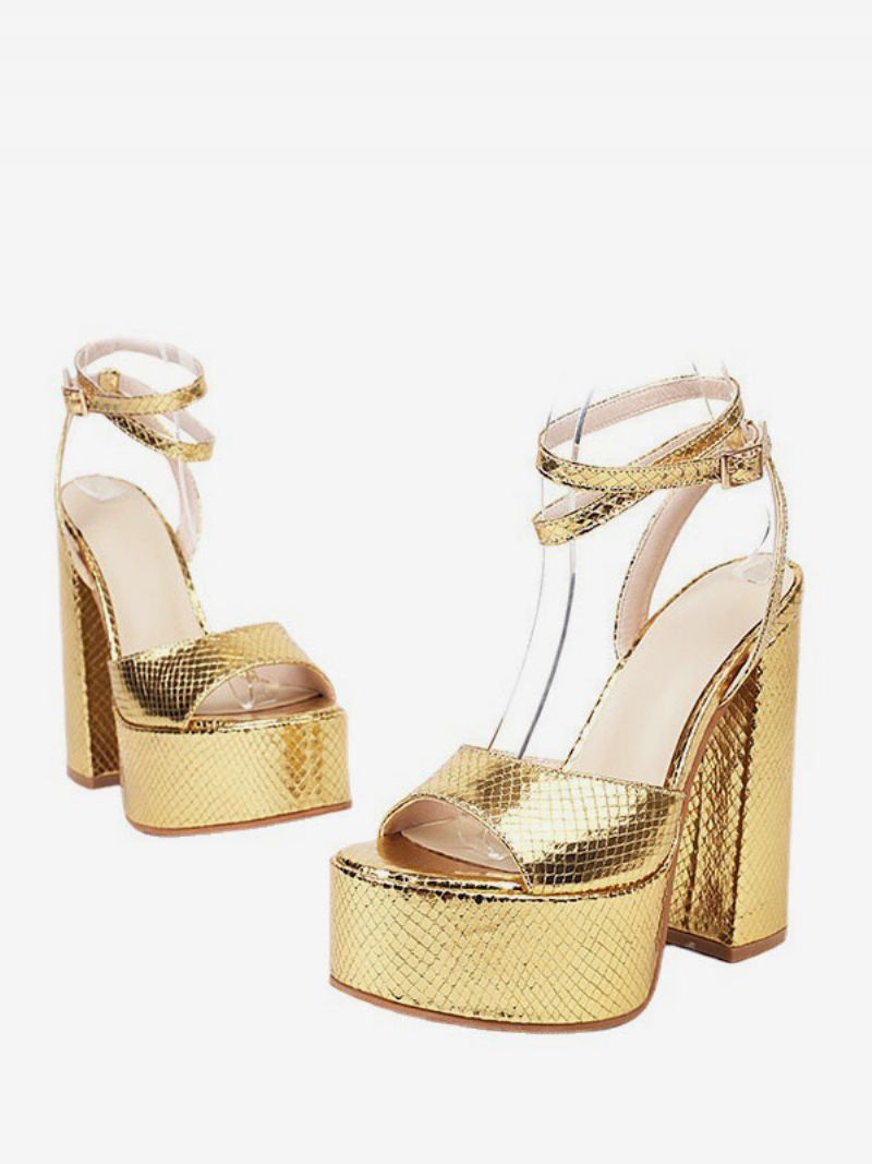 Kvinders Sølvhælede Sandaler Platform Peep Toe Ankelremsandaler - Guld