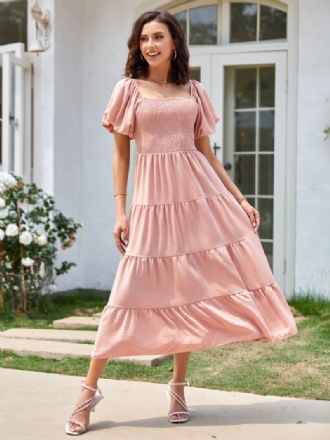 Kvinders Sommer Midikjole Pink Bateau Neck Plisseret Strandkjole