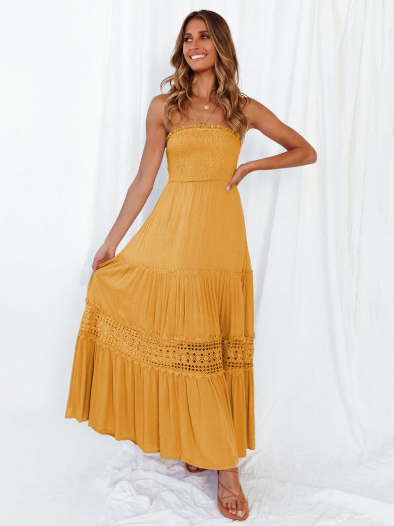 Kvinders Sommerkjole Bateau Neck Blonde Hvid Long Beach Dress - Orange