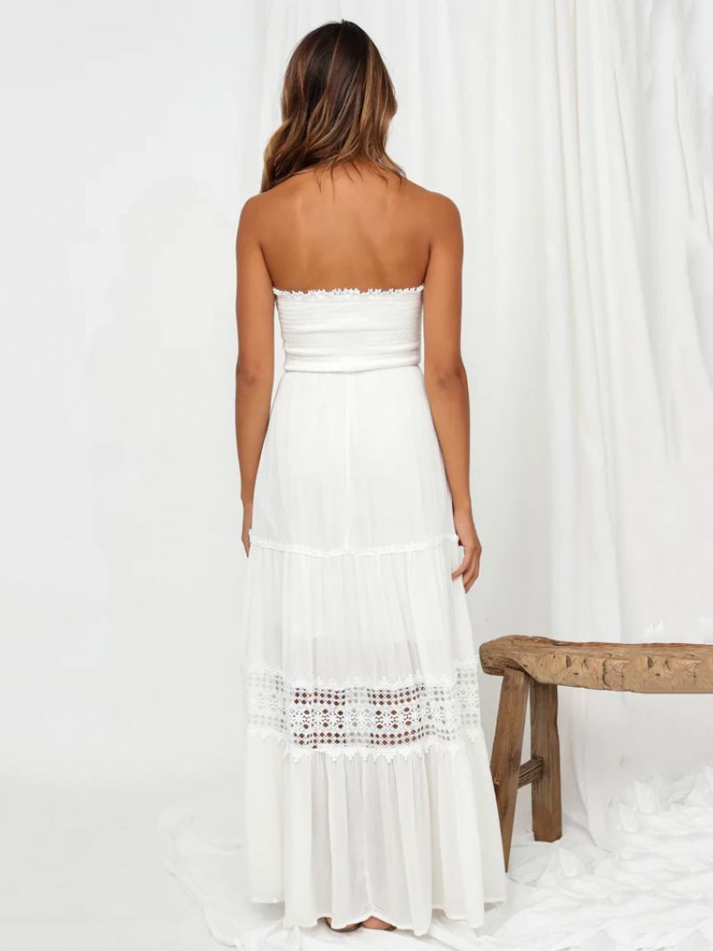 Kvinders Sommerkjole Bateau Neck Blonde Hvid Long Beach Dress - Hvid