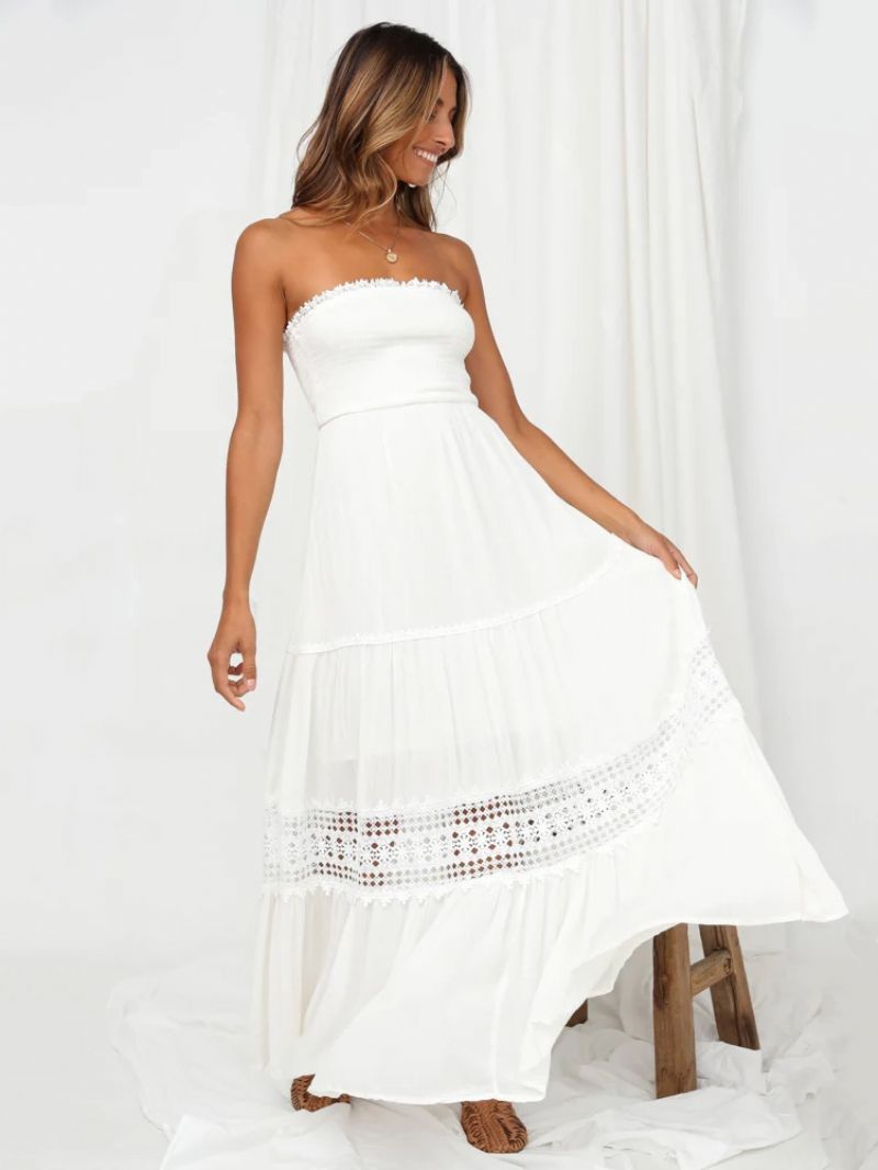 Kvinders Sommerkjole Bateau Neck Blonde Hvid Long Beach Dress - Hvid