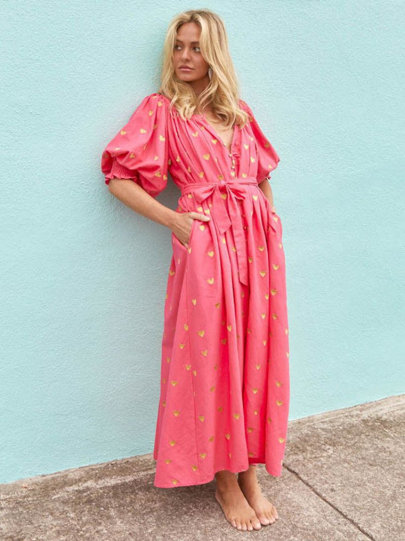 Kvinders Sommerkjole Plunge Heart Printed Lantern Ærmer Bælte Casual Maxi Kjoler - Rød