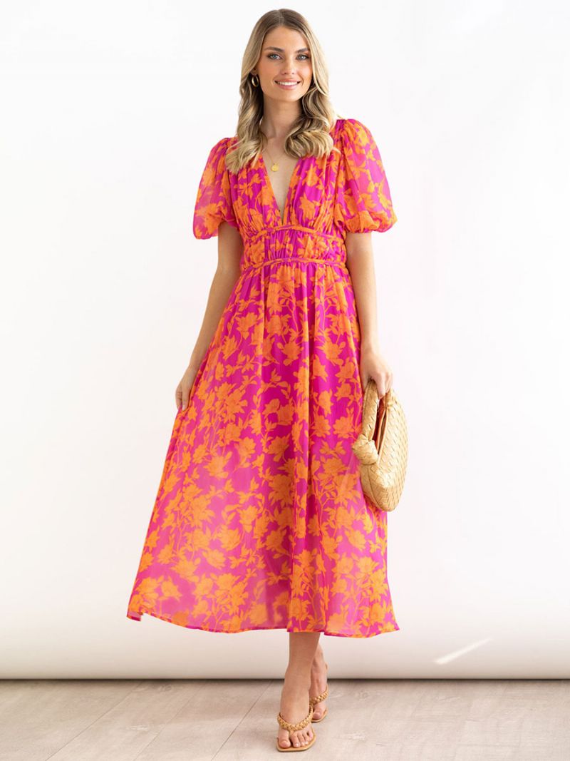 Kvinders Sommerkjole V-hals Blomsterprint Rose Long Beach Dress