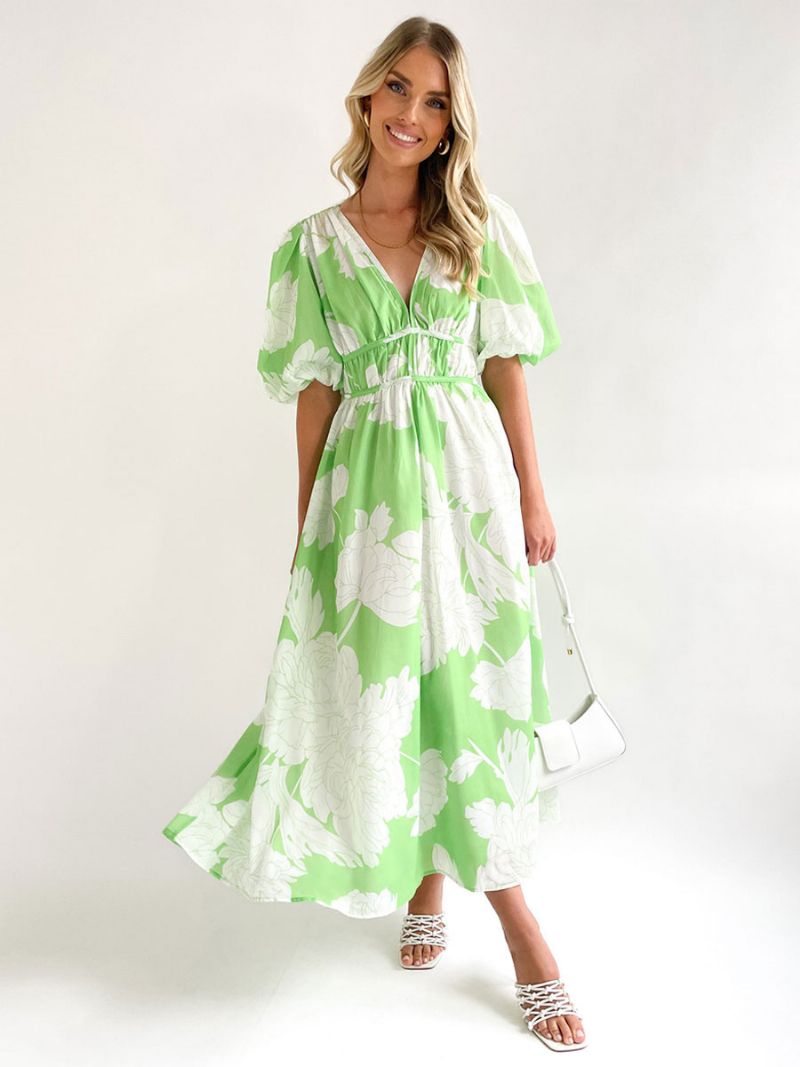 Kvinders Sommerkjole V-hals Blomsterprint Rose Long Beach Dress - Lysegrøn