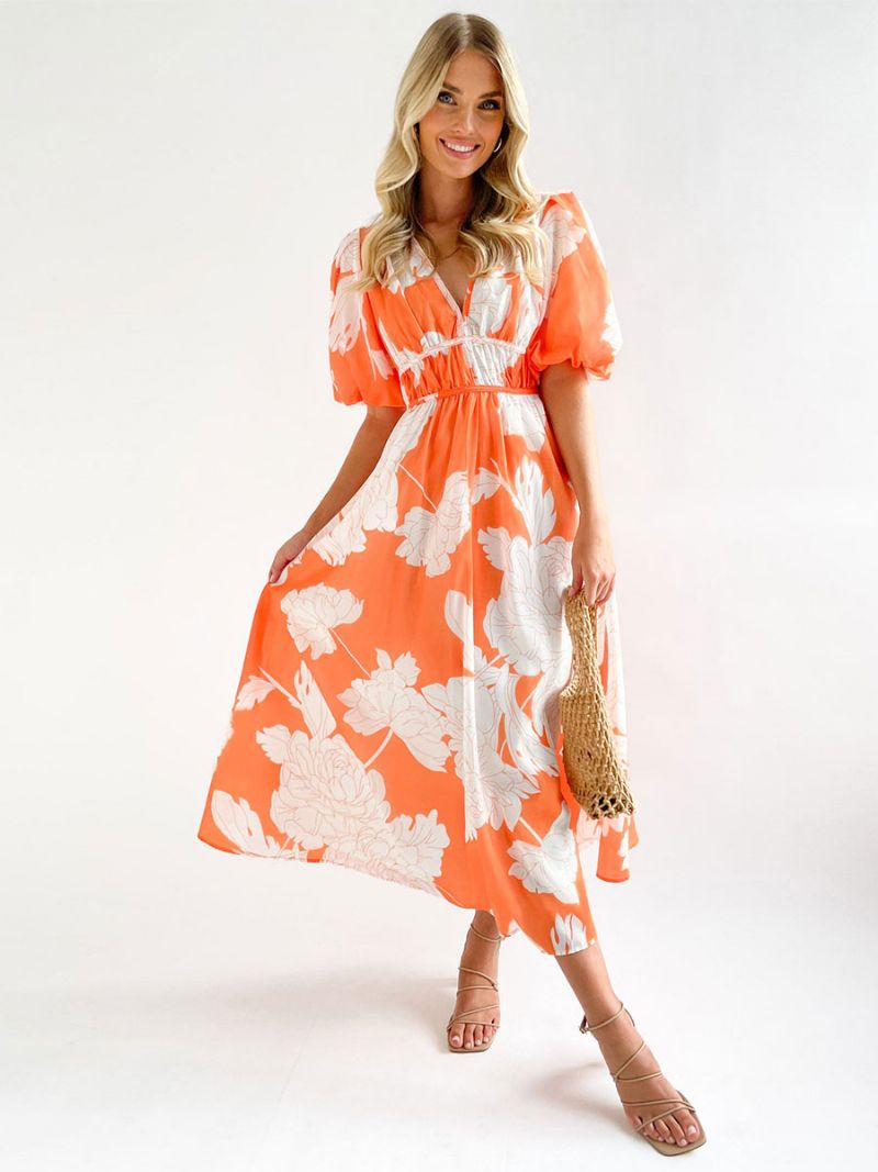 Kvinders Sommerkjole V-hals Blomsterprint Rose Long Beach Dress - Orange