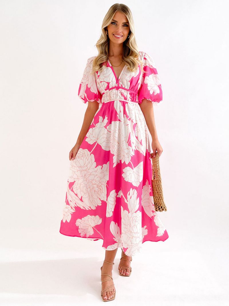 Kvinders Sommerkjole V-hals Blomsterprint Rose Long Beach Dress - Pink