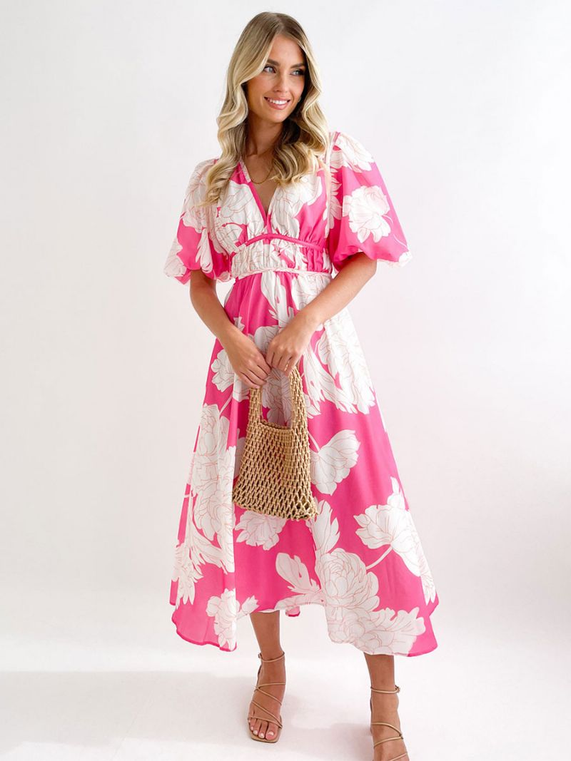 Kvinders Sommerkjole V-hals Blomsterprint Rose Long Beach Dress - Pink