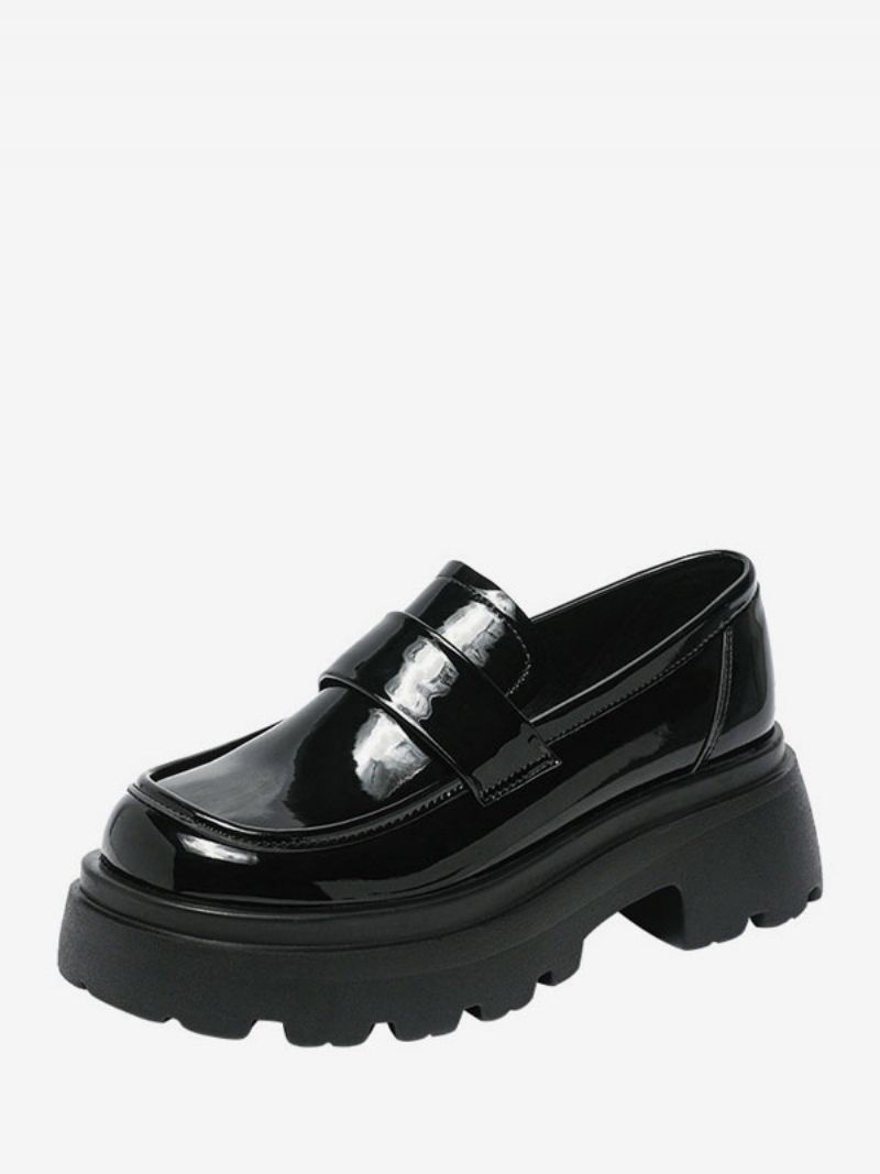 Kvinders Sort Rund Tå Chunky Heel Slip On Loafers