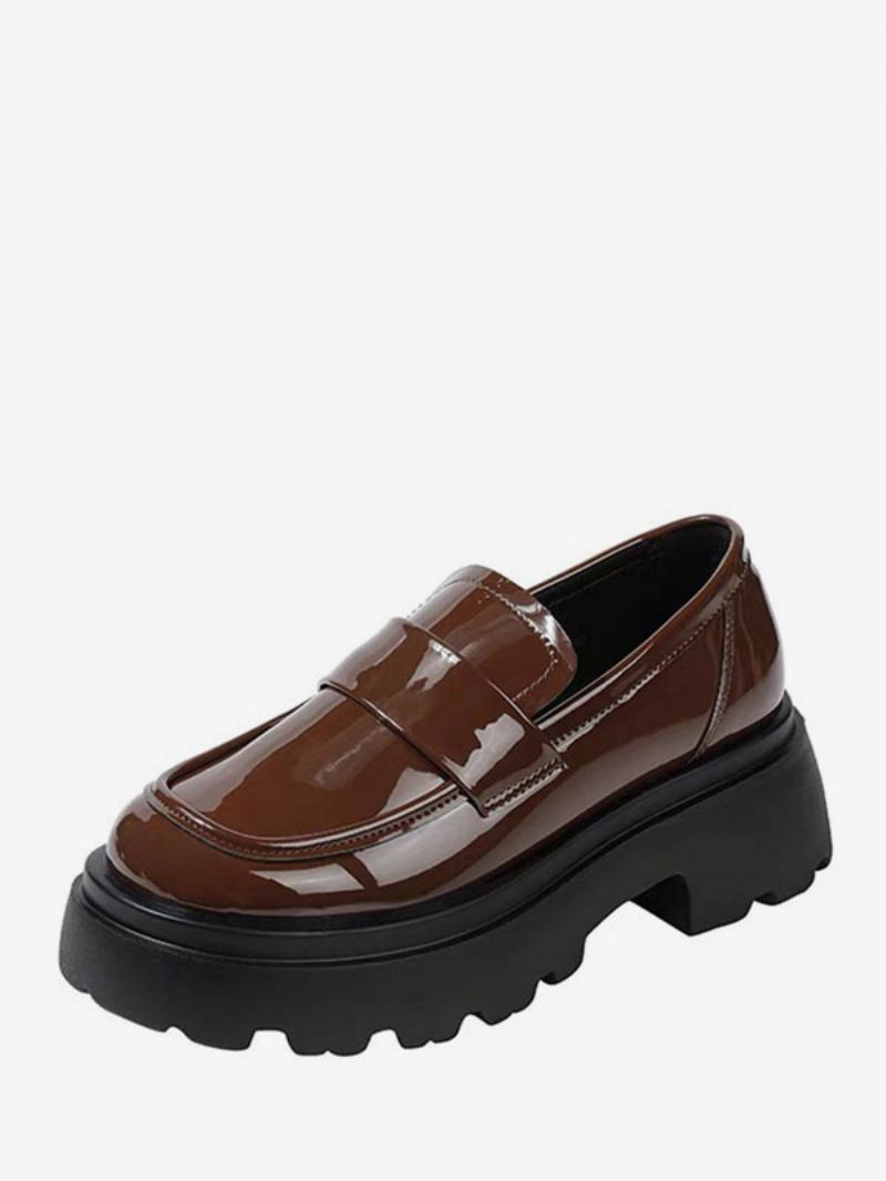 Kvinders Sort Rund Tå Chunky Heel Slip On Loafers - Kaffe Brun