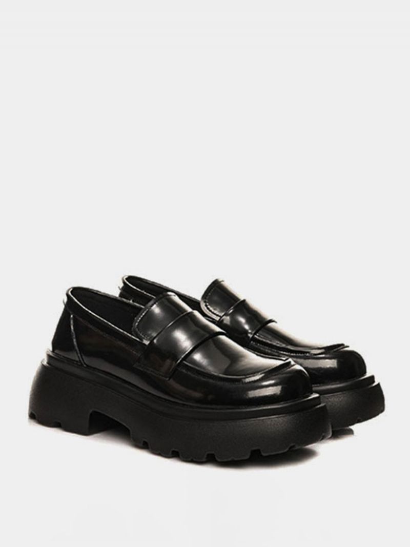 Kvinders Sort Rund Tå Chunky Heel Slip On Loafers - Sort