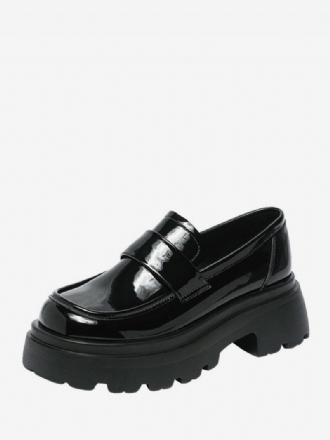 Kvinders Sort Rund Tå Chunky Heel Slip On Loafers