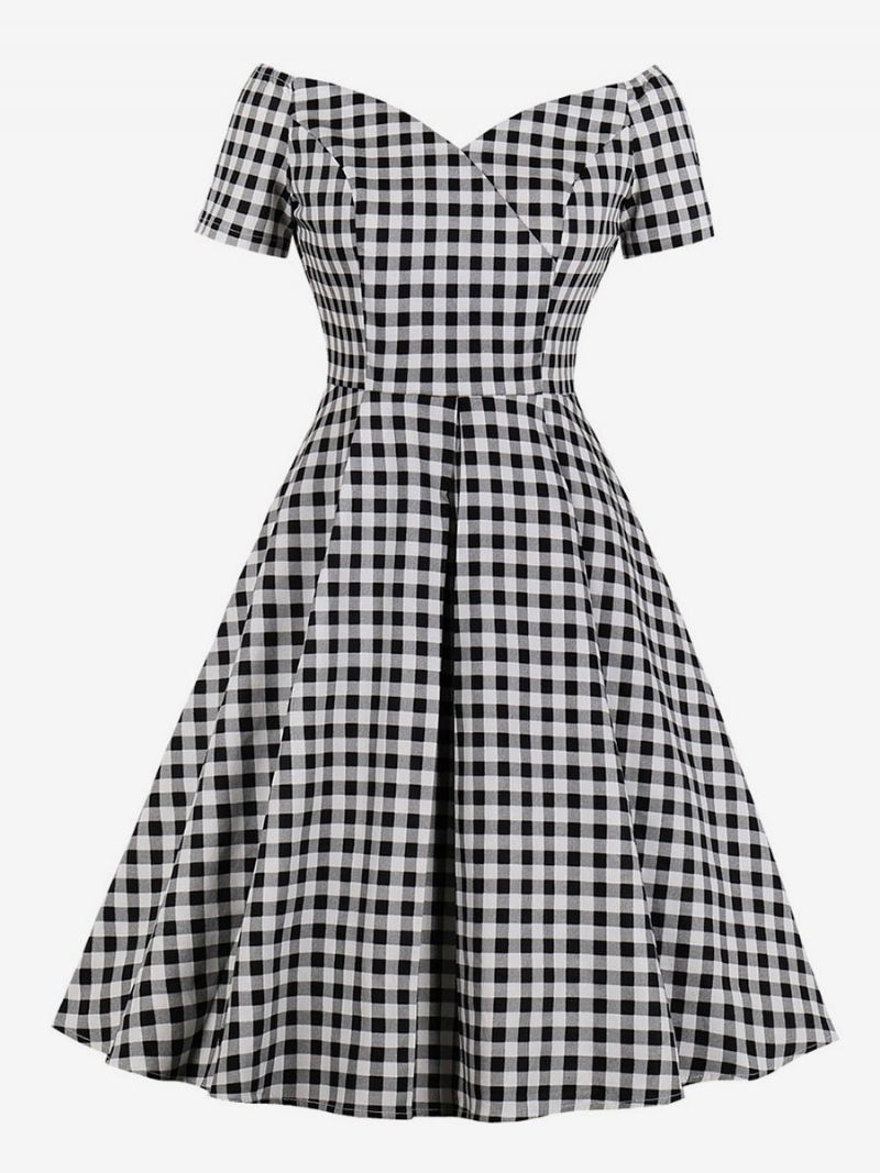 Kvinders Sort Vintagekjole 1950'erne Audrey Hepburn-stil Kortærmede V-hals Plaid Retro Kjoler